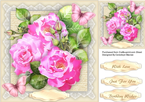 Beautiful Pink Rosesand Butterflys on a Script mat 