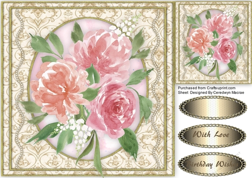 Beautiful Watercolored Roses on a Golden Frame 