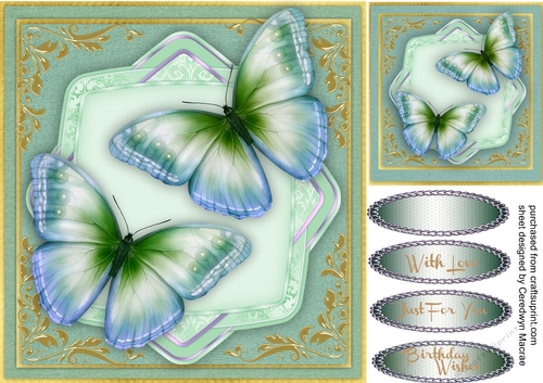 Green / Blue  Butterflys on a Shaped Mat
