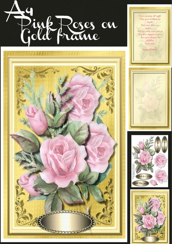 A4 Mini Kit. Beautiful Pink Roses on Gold frame 