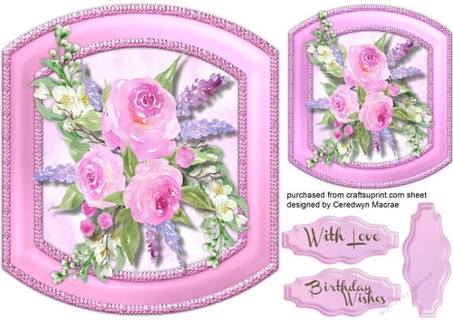 Water coloured Roses and Lavender on a Shaped Mat 