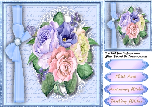 Blue Mixed Roses  on a script Mat 