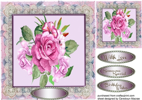 Water Coloured Pink Roses oin Vintage Lace 