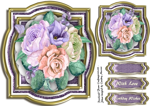   Water Coured Lilac  Roses on a Gold Mat  