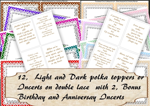 12 Incerts or Toppers with 2, Bonus  Birthday or Anniversay  incert verses
