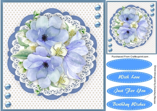 Beautiful Blue flowers on a Lace mat 