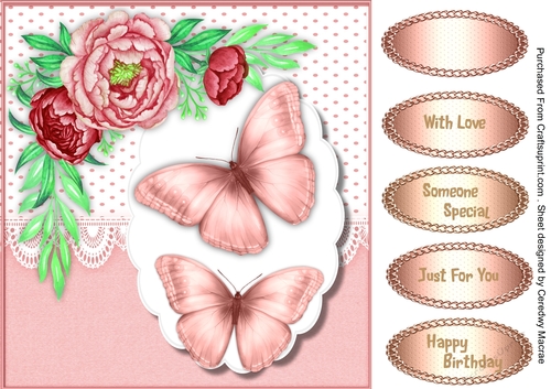 Pink Peony Roses  and Butterflys 