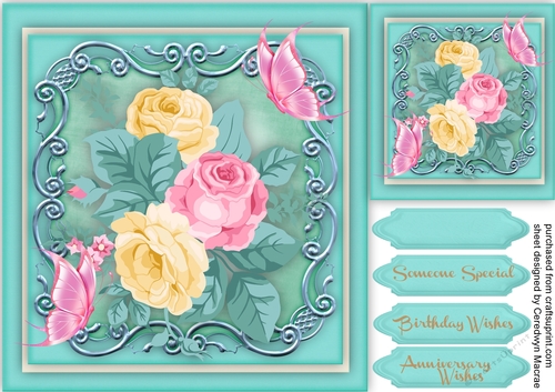 Pink and Cream Roses on a Ornate Scroll Mat 