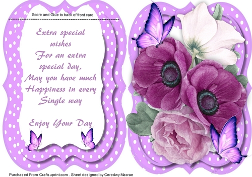 Tent card wIth Verse  ,   Lilac Roses and Butterflys 