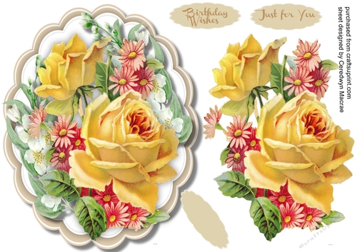 Beautiful Vintage Yellow Roses on a Scalloped Mat