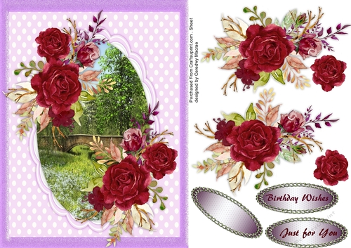 Beautiful Burgundy Roses on a Scallopd Mat 