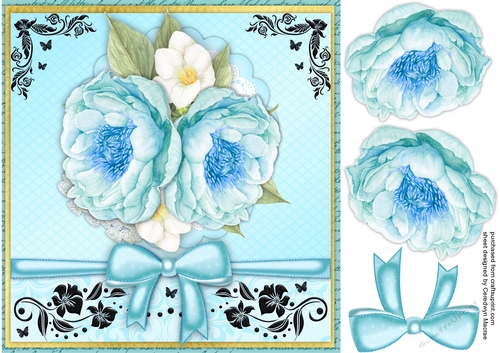 Watercoloured Aqua PeonyRoses on a scalloped frame  