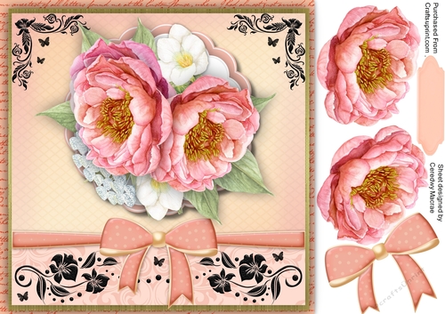 Watercoloured Pink PeonyRoses on a scalloped frame  