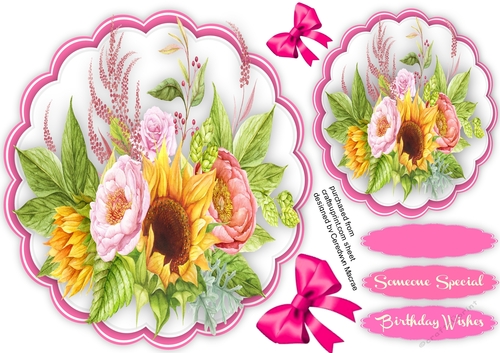 Braurtiful Roses and Sunflowers on a scalloped mat 