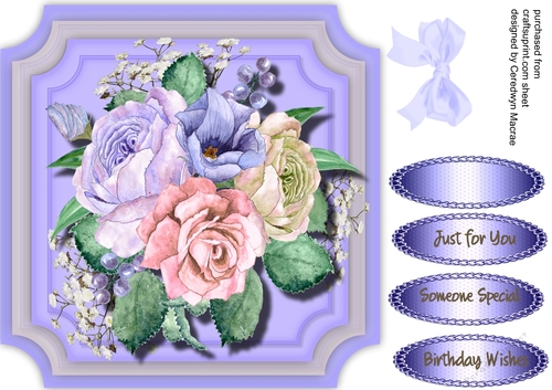 Beautiful Roses on a Triple Lilac cut out mat 