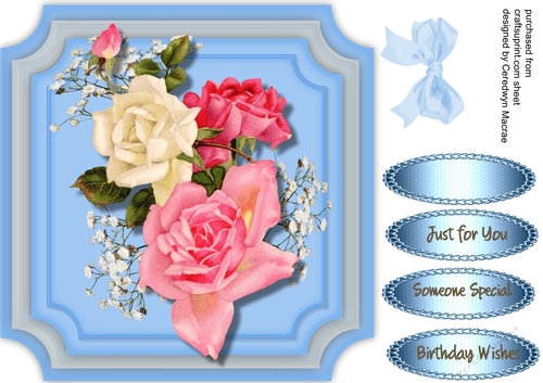 Beautiful Roses on a Triple blue cut out mat 