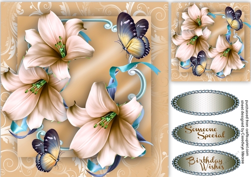 Beautiful Buff Logic Lillies and  butterflys