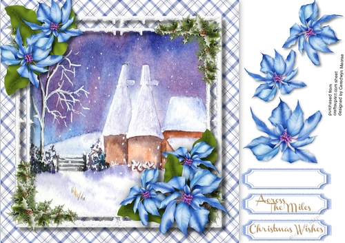Beautiful Blue Poinsettia and Snowy Scene 