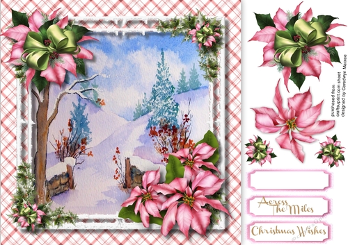 Beautiful Pink  Poinsettia and Snowy Scene 