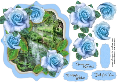 Beautiful Blue Roses and Water Scene