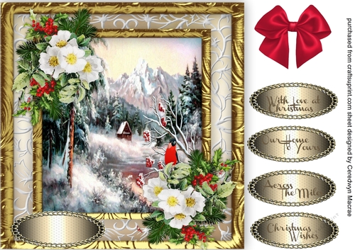Beautiful Cardinal, Holly and Mountain Scene 