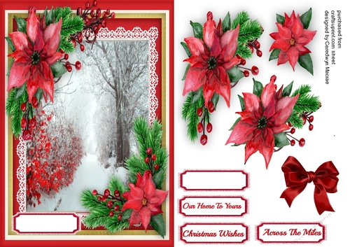 A5 Beautiful Snow scene and red Poinsettias 