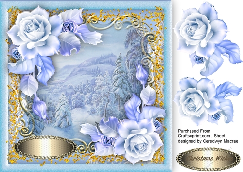 Beautiful Blue Roses and Christmas Cabin