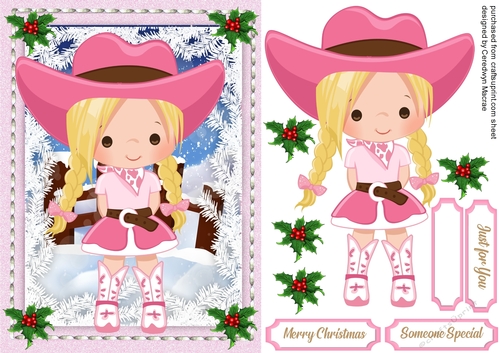 Lovely Cowgirl in Christmas Scene with pink Hat 