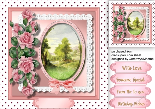 Pink Roses and Oval Country Scene 