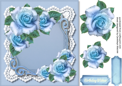 Beautiful Blue Roses on a Ornate mat 