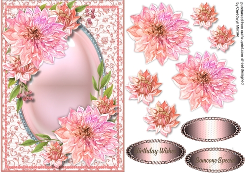 Beautiful Pink Dahlias on a Oval Frame