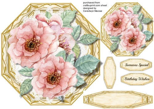 Beautiful Pink Roses on a Gold Octagonal Mat
