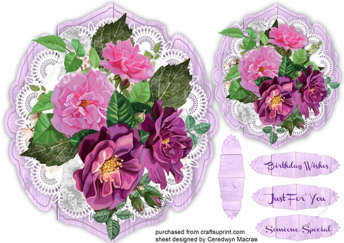 Beautiful Lilac Roses on  a  shaped  wood mat 