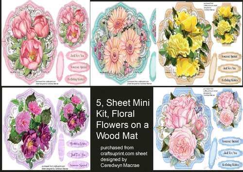 5, Sheet Mini Kit, Floral Flowers on a Wood Mat 