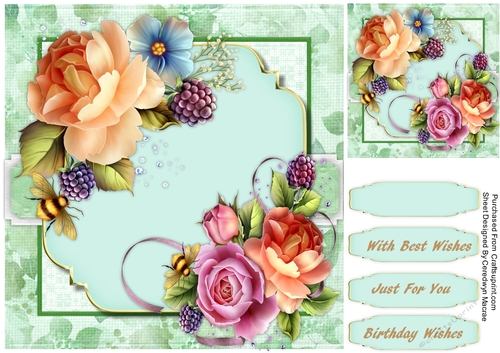 English Roses with Fruits and Bee