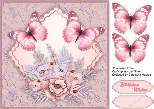  Pink Butterflys on a Scalloped Mat