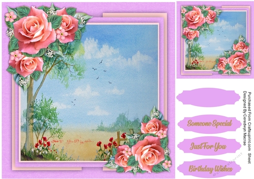 Beautiful Pink Roses and Meadow Scene 
