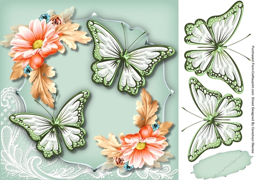 Beautiful Green Butterflys and Coral Flowers 