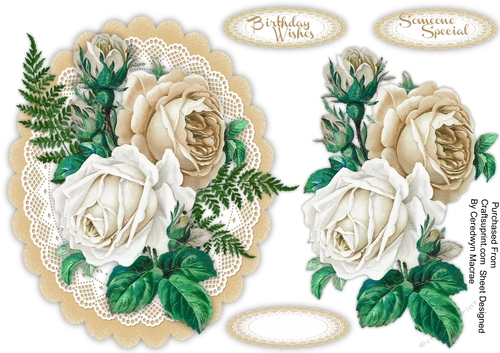 Beautiful Cream and white Roses on scalloped mat 