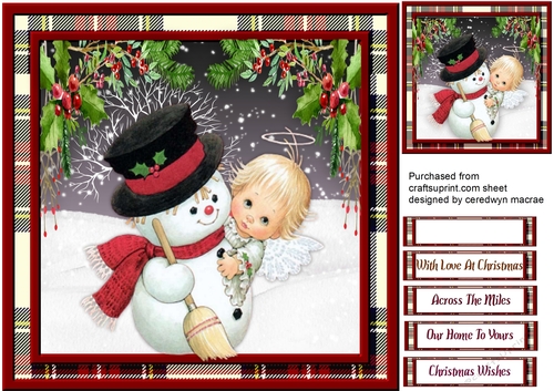 Beautiful Angel and Snowman in Tartan Frame 