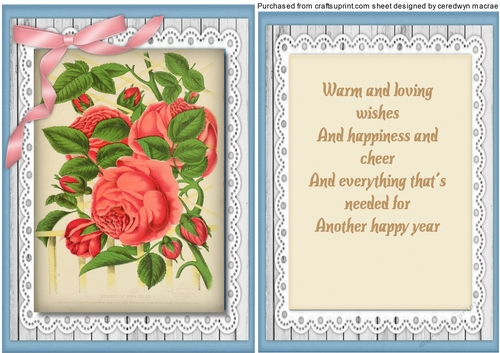 A5 Beautiful cerise Roses on lace  With Verse 