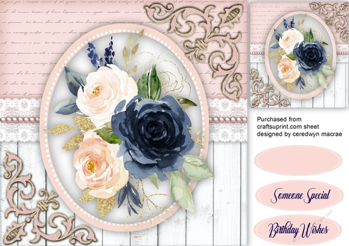 Navy and Pink Roses  with Corner scroll