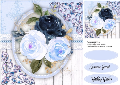 Navy and Blue  Roses and Corner Scrolls 