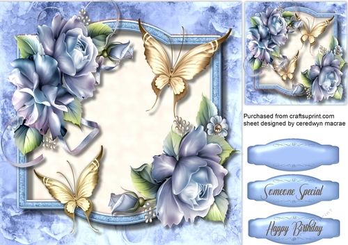 Golden Butterflys and Blue Flowers