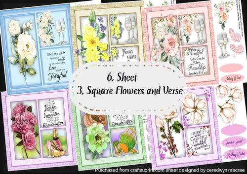 6 sheet card front , in 3 square floral with Verse