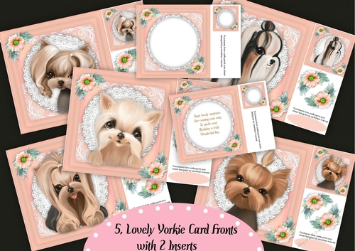5, Lovely  Yorkie Card Fronts with 2 , Inserts