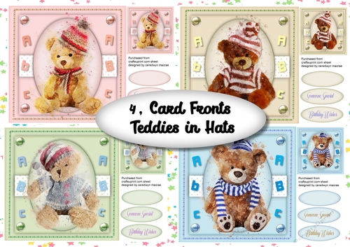 4 Sheet Card Fronts , Teddies in Hats  