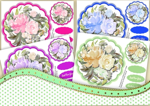 4, Sheet card Fronts , Scalloped Topper Roses 