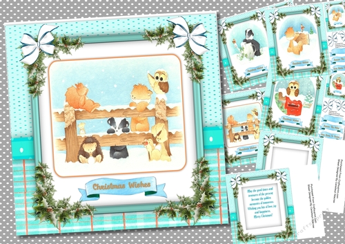 4, Card Fronts + 2 Inserts Christmas Forest Friends 