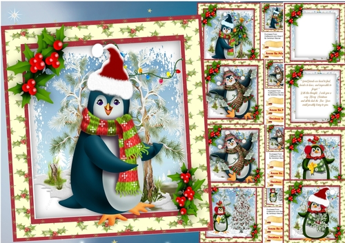 6, Christmas Penguins card Fronts +2 Inserts